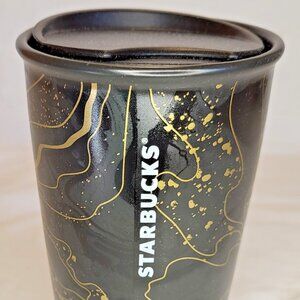 Starbucks Matte Black Gold Splatter Swirl Sparkle Travel Mug w Lid 12 oz Ex Cond